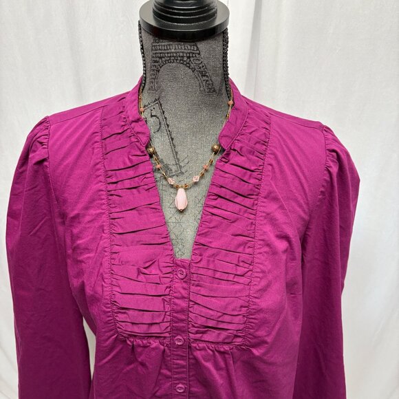 East 5th Blouse Womens Size Large Fuchsia Button-Down Long Sleeve V-Neck Top - Picture 2 of 8